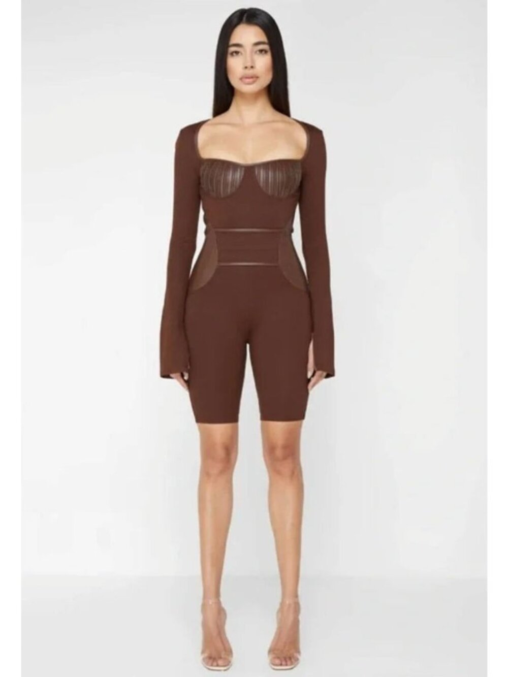 Maniere De Voir Pleated Bandage Playsuit Romper Vegan Leather Chocolate Brown 8